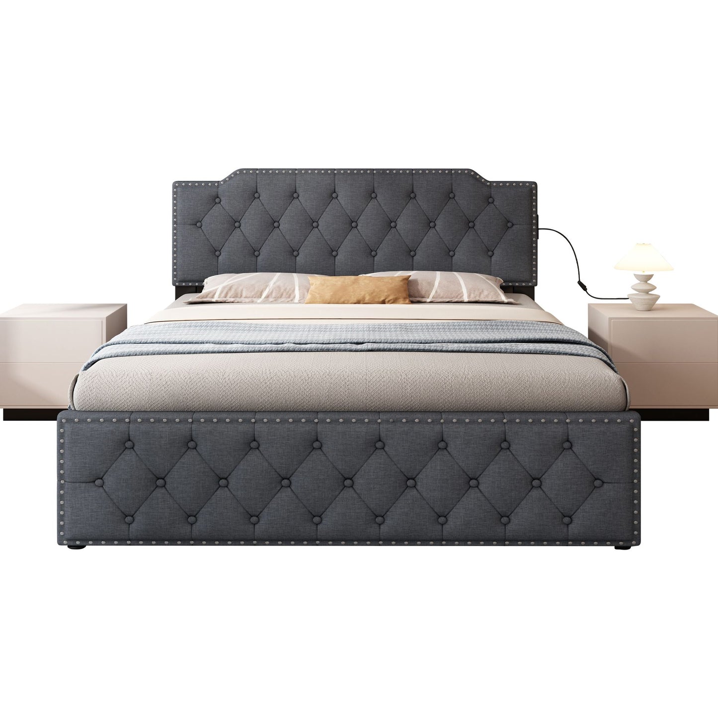 Queen Size Upholstered Platform Bed w/ Twin Size Trundle & USB Ports