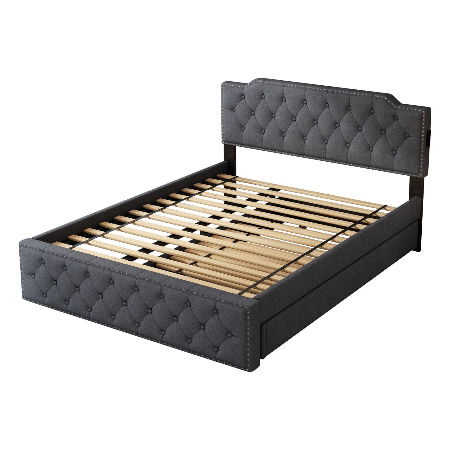 Queen Size Upholstered Platform Bed w/ Twin Size Trundle & USB Ports