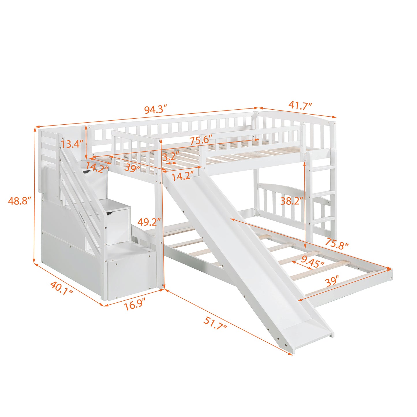 Stairway Twin over Twin Bunk Bed w/Two Drawers and Slide