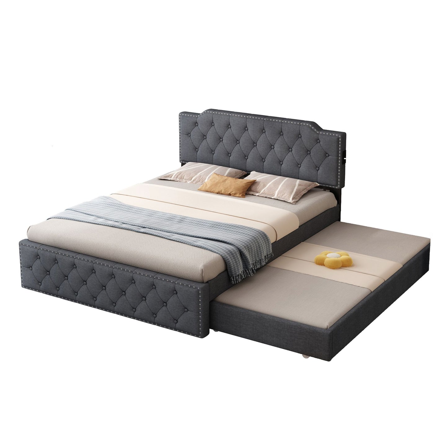 Queen Size Upholstered Platform Bed w/ Twin Size Trundle & USB Ports