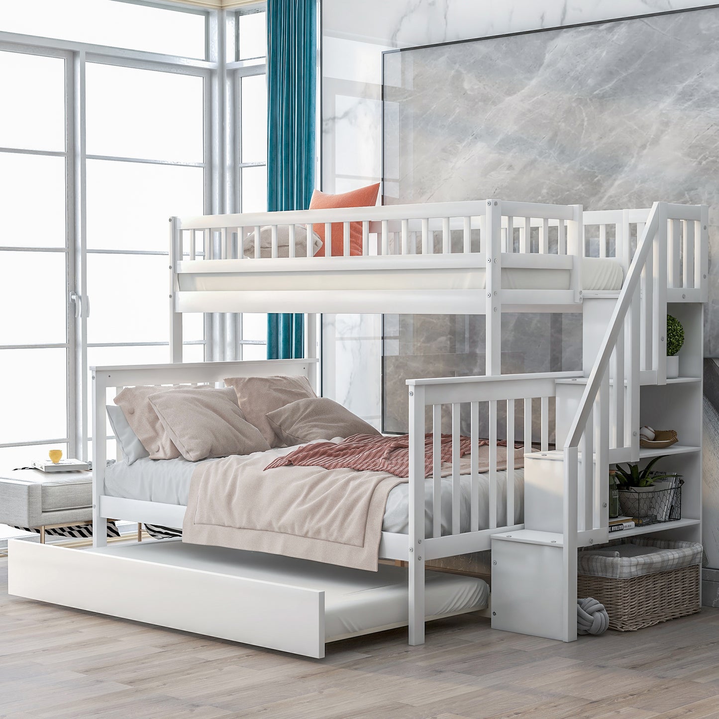 Twin over Full Bunk Bed w/Trundle & Staircase