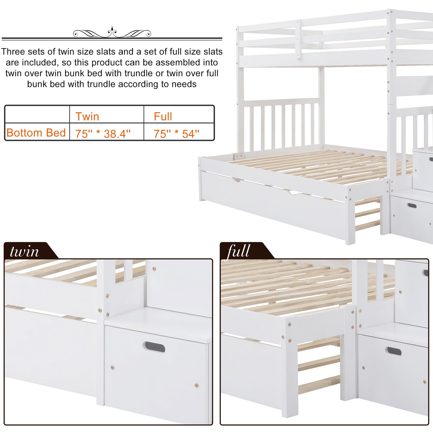 Twin over Twin/Full Bunk Bed w/Twin Size Trundle