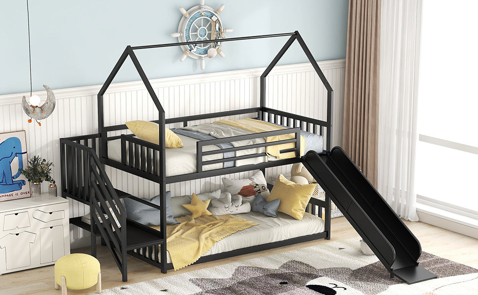 Twin over Twin Metal Bunk Bed w/Slide & Staircase