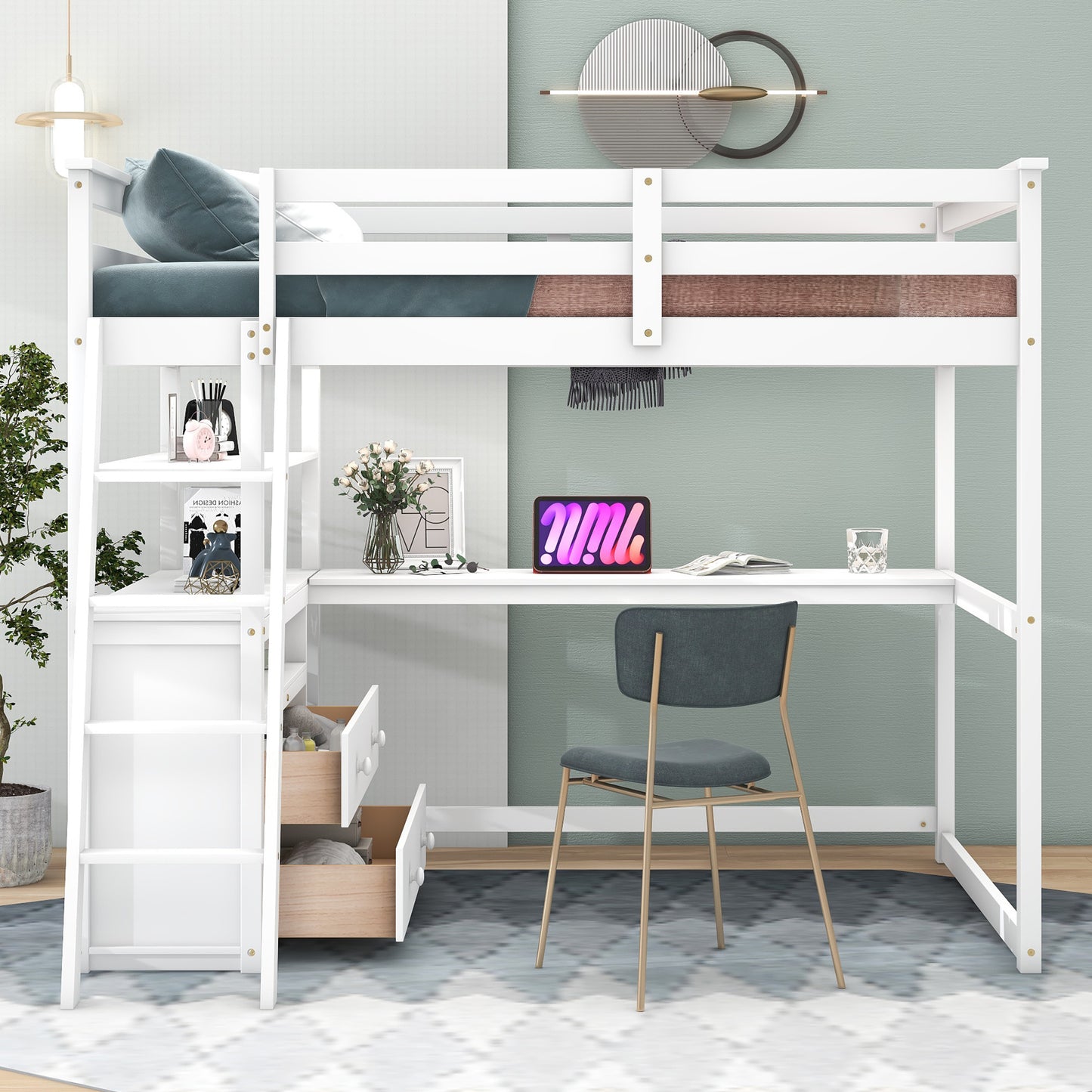 Full Size Loft Bed w/Desk, Shelves &Two Built-in Drawers