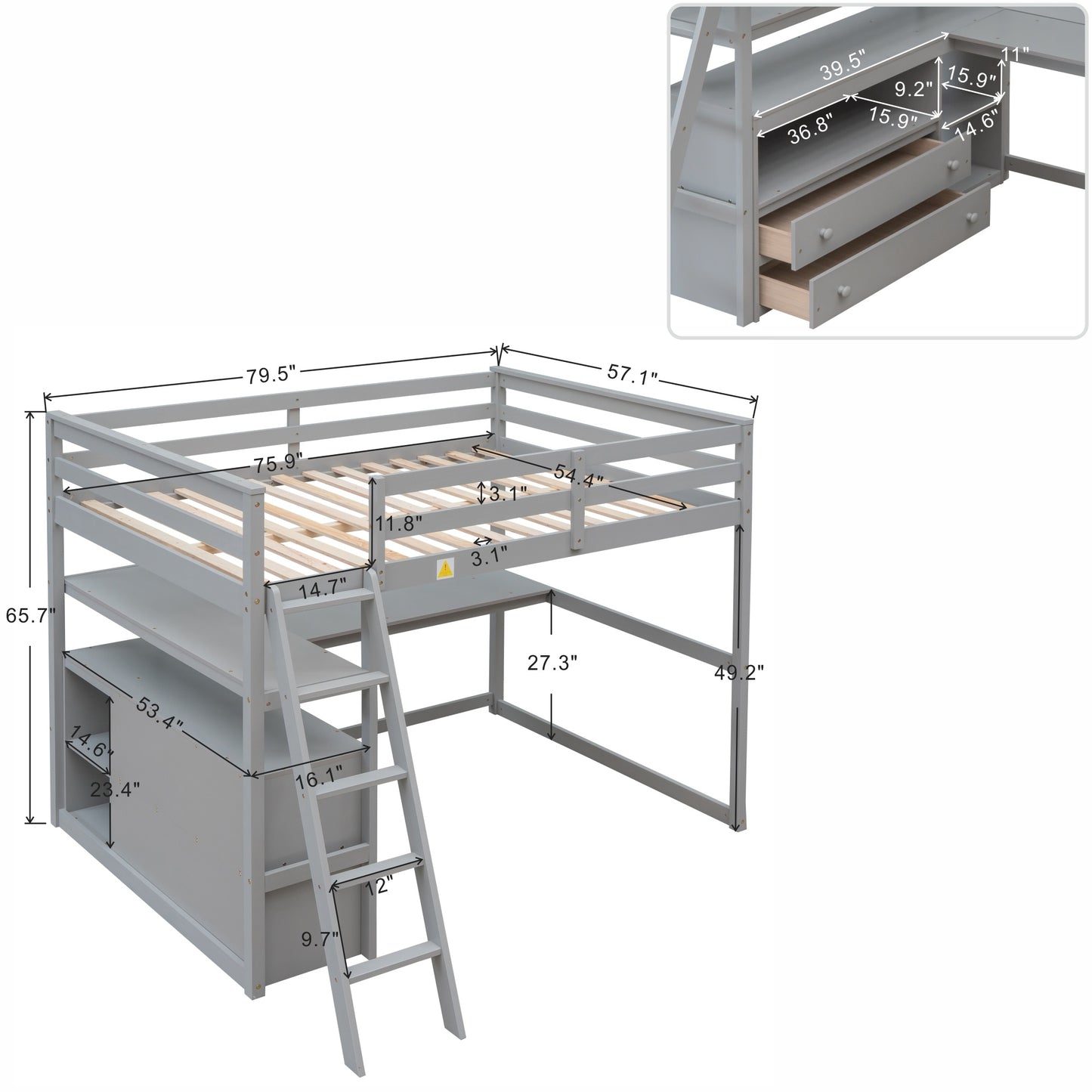 Full Size Loft Bed w/Desk, Shelves &Two Built-in Drawers