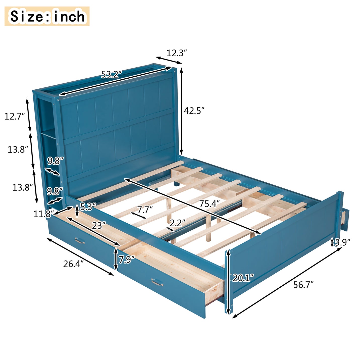 Full Size Platform Bed with Drawers and Storage Shelves