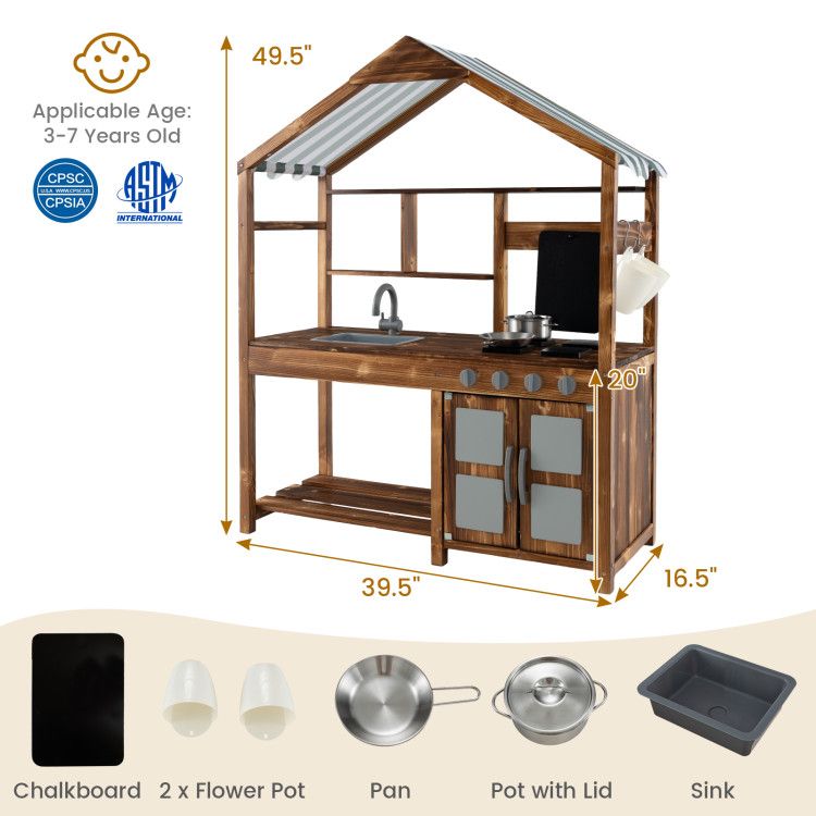 Outdoor Solid Wood Mud Kitchen w/ Canopy