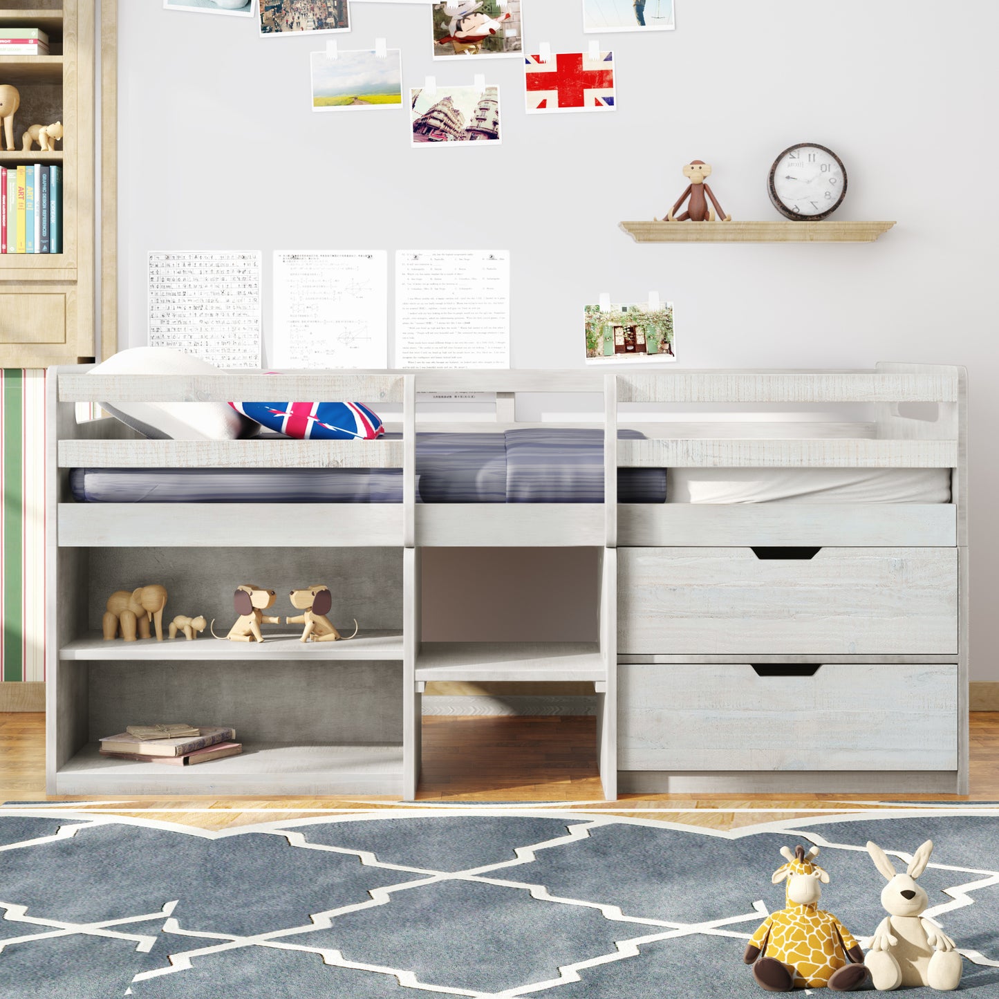 Twin size Loft Bed w/Two Shelves & Two drawers