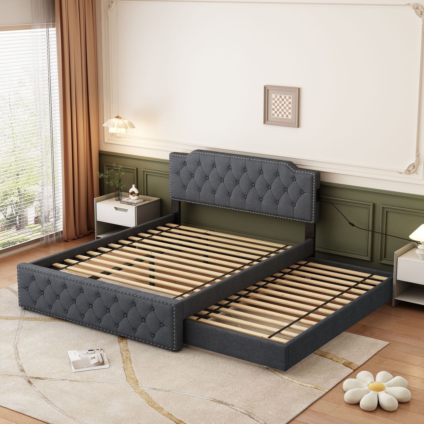 Queen Size Upholstered Platform Bed w/ Twin Size Trundle & USB Ports