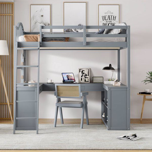 Full Wooden Loft Bed with U-shaped Desk