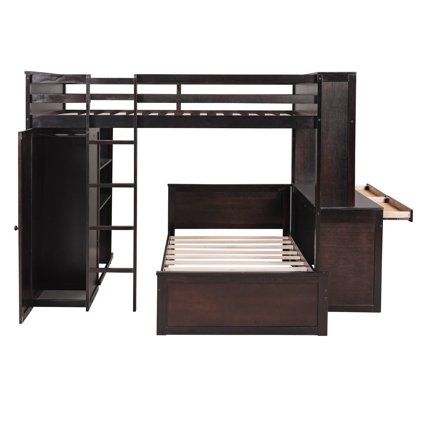 Full size Loft Bed w/ twin size Stand-alone bed( Shelves, Desk, and Wardrobe)