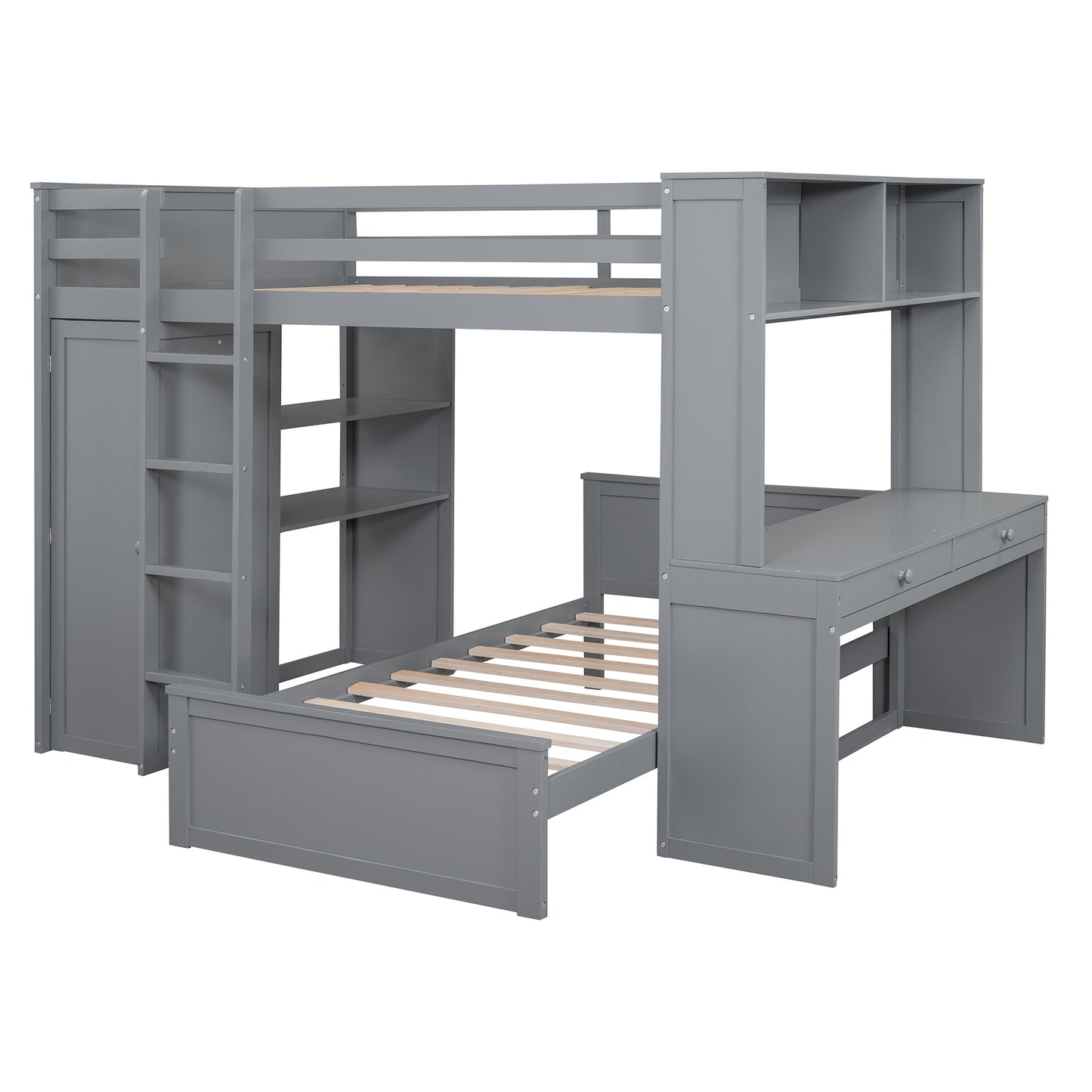 Full size Loft Bed w/ twin size Stand-alone bed( Shelves, Desk, and Wardrobe)