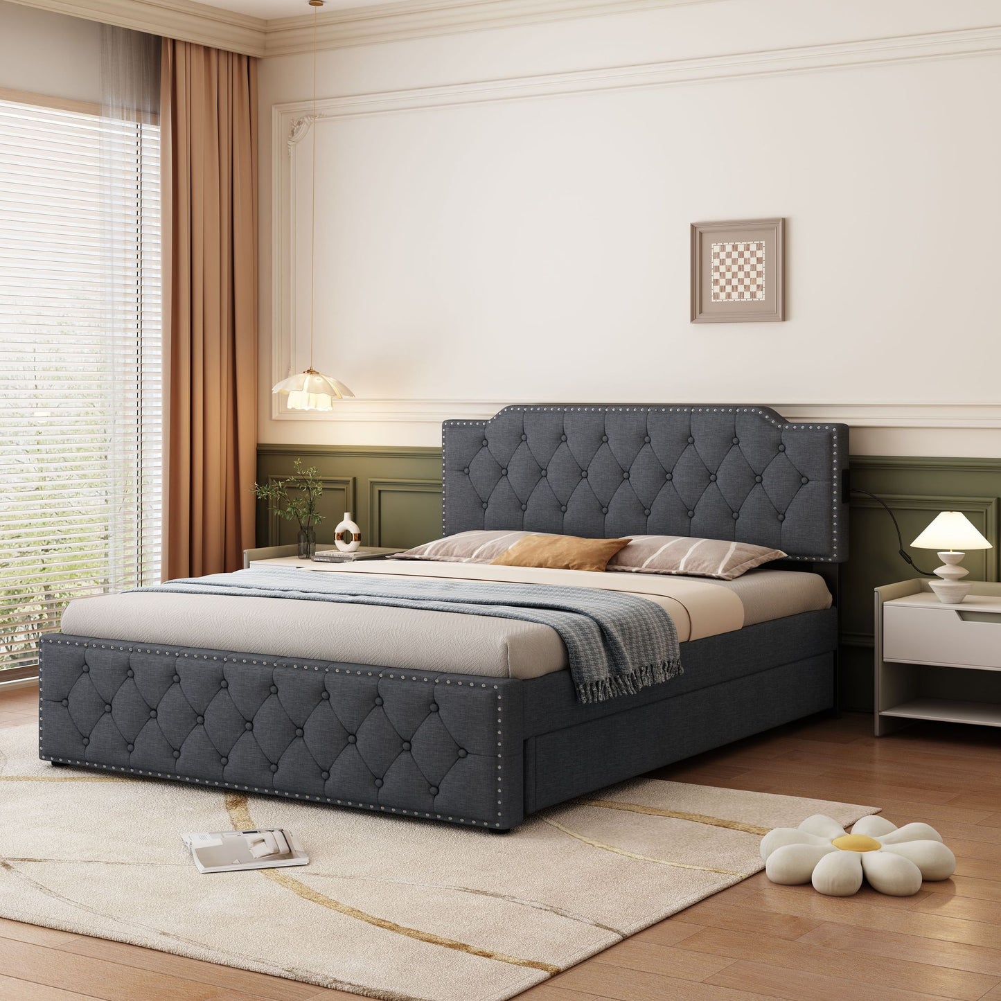 Queen Size Upholstered Platform Bed w/ Twin Size Trundle & USB Ports