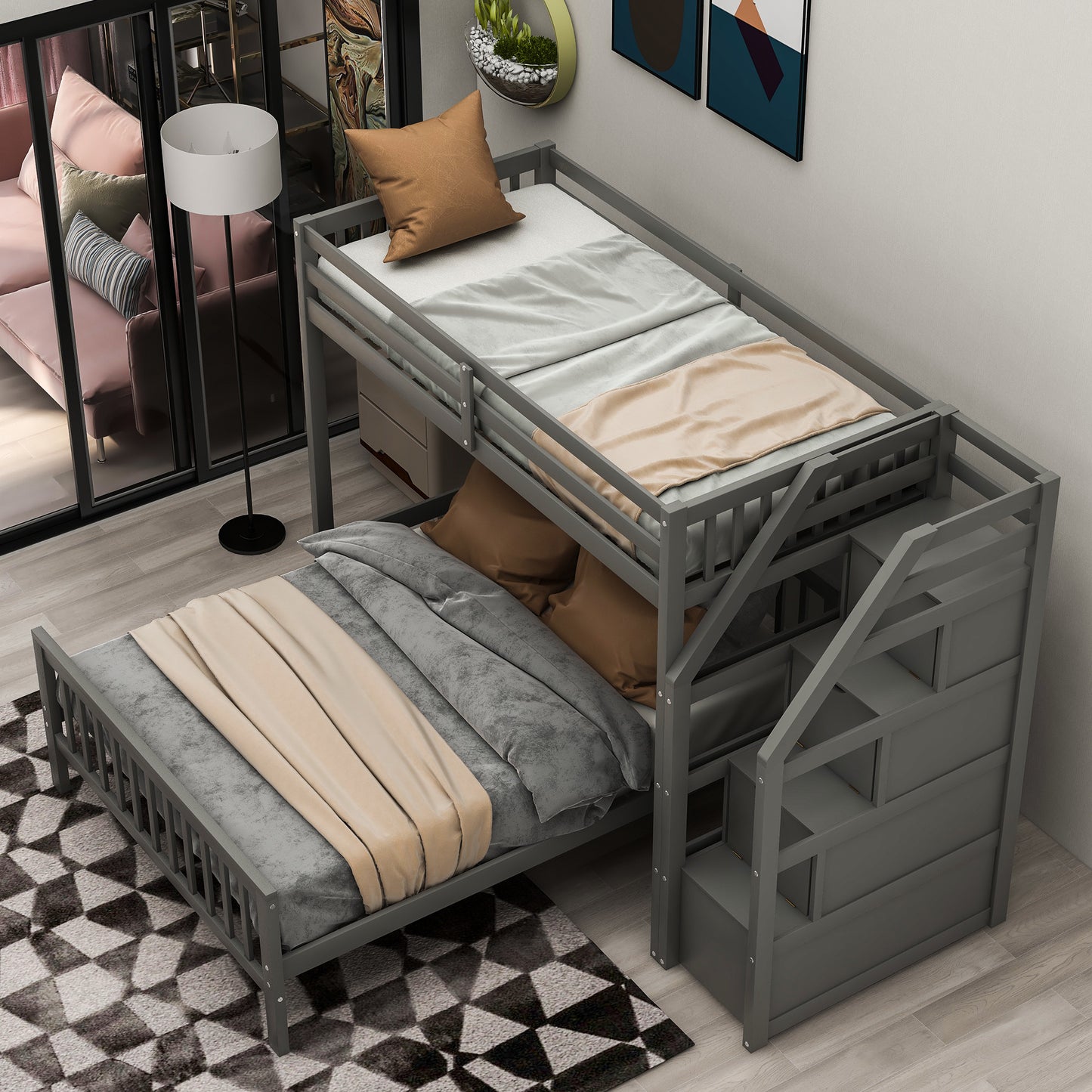 Twin over Full Loft Bed with Staircase (Gray)