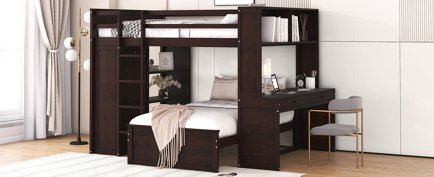 Full size Loft Bed w/ twin size Stand-alone bed( Shelves, Desk, and Wardrobe)