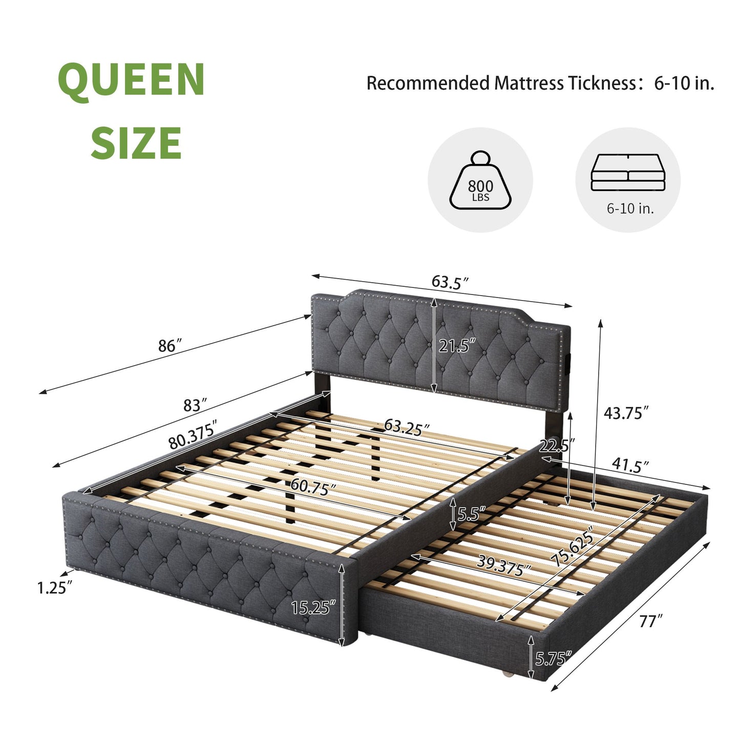 Queen Size Upholstered Platform Bed w/ Twin Size Trundle & USB Ports