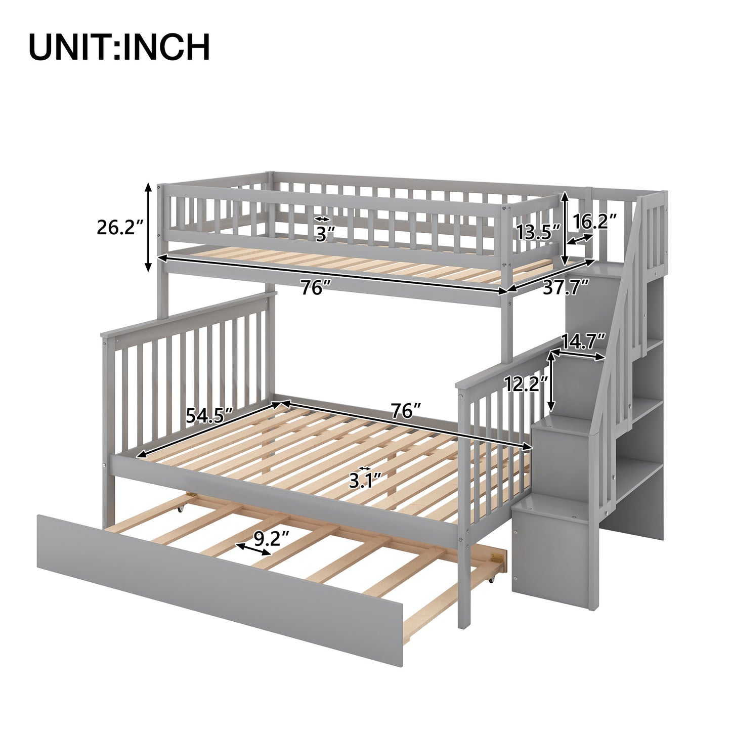 Twin over Full Bunk Bed w/Trundle & Staircase