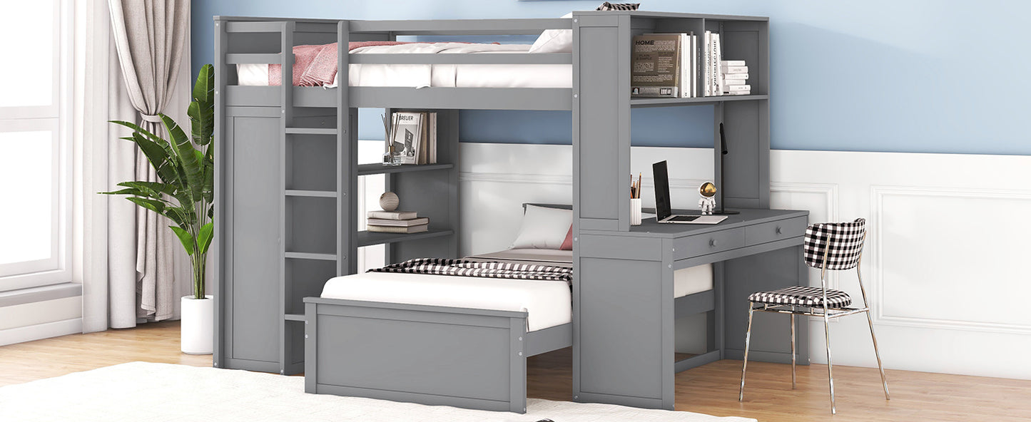 Full size Loft Bed w/ twin size Stand-alone bed( Shelves, Desk, and Wardrobe)