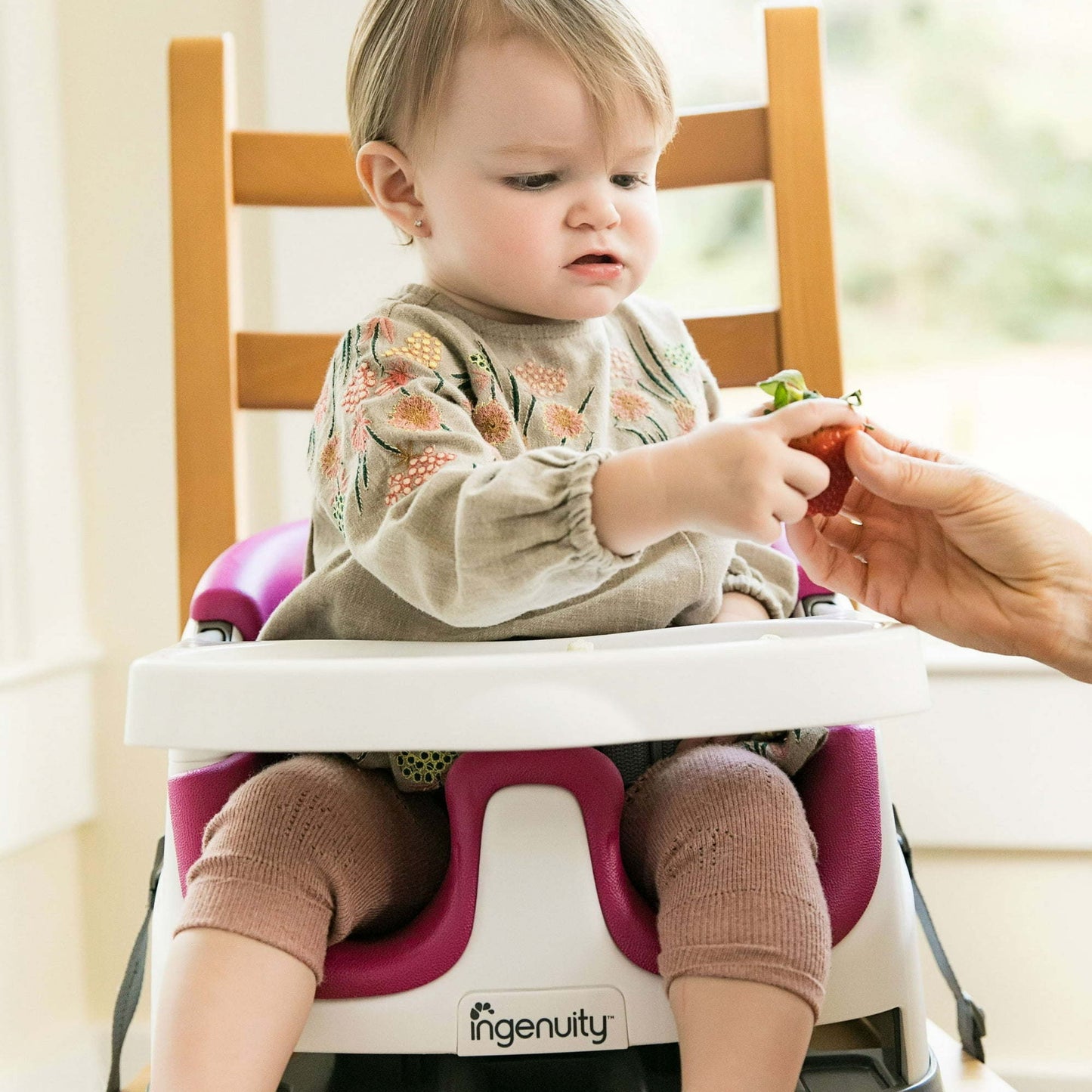 Ingenuity Baby Base 2-in-1 Booster Feeding High Chair and Floor Seat with Self-Storing Tray (Pink Flambe)