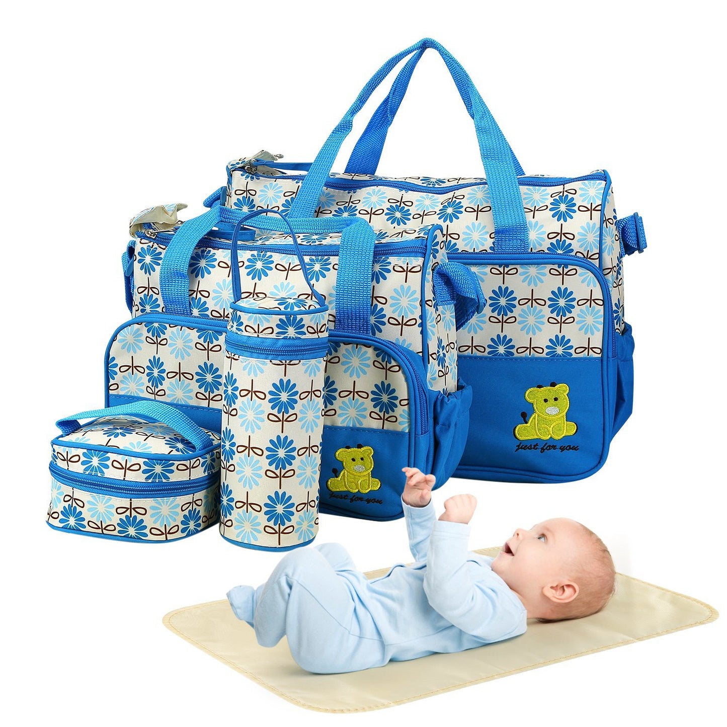 5PCS Baby Diaper Bags Set w/ Nappy Changing Pad & Insulated Pockets