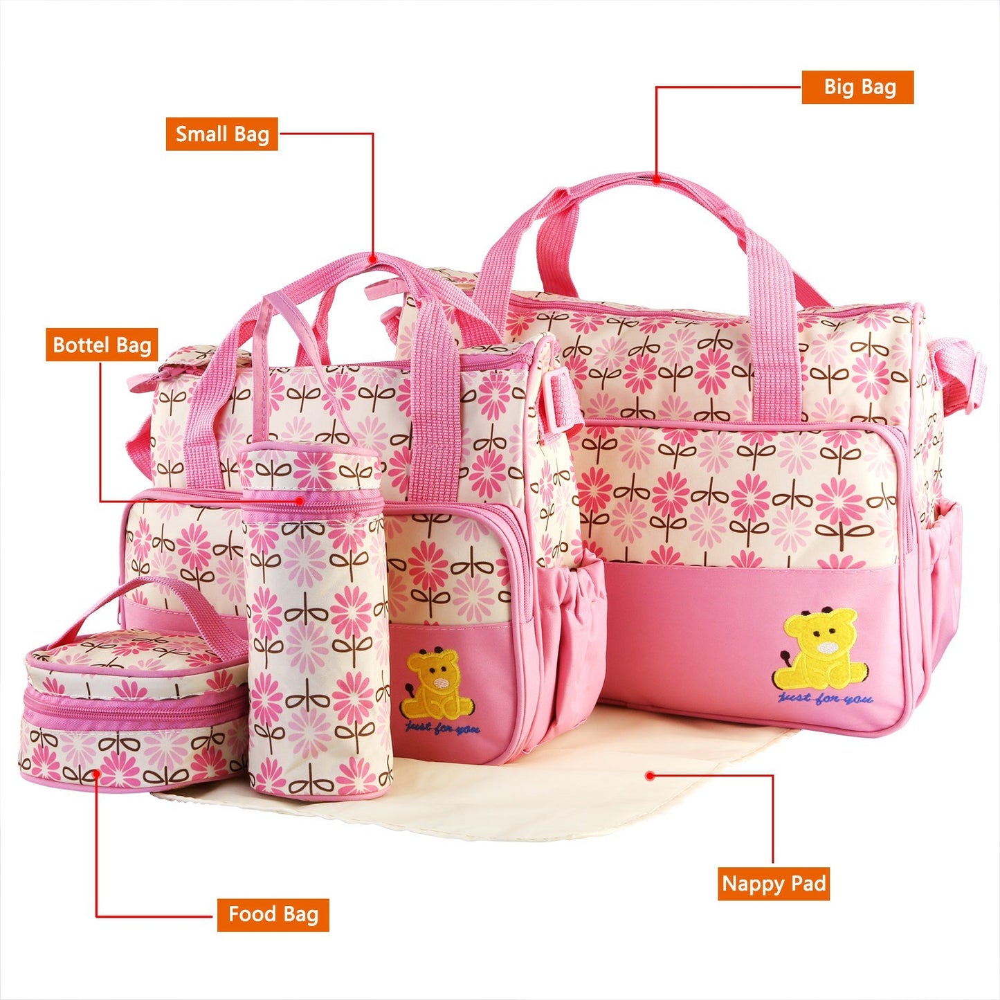 5PCS Baby Diaper Bags Set w/ Nappy Changing Pad & Insulated Pockets