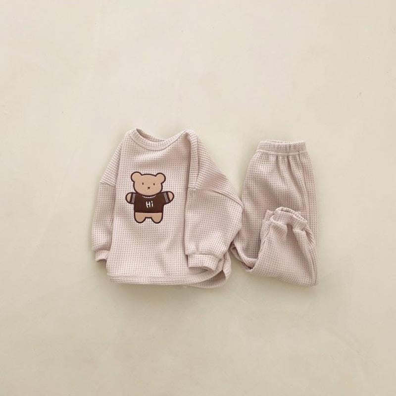 Bear Embroidered Pattern Waffle Fabric Hoodie Set