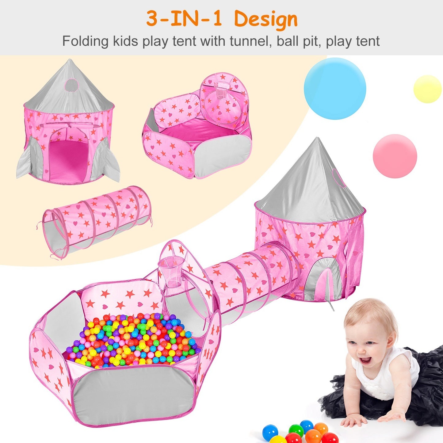 3 In 1 Foldable Children Play House Pop-up Kids Tent w/ Ball Pit & Storage Bag