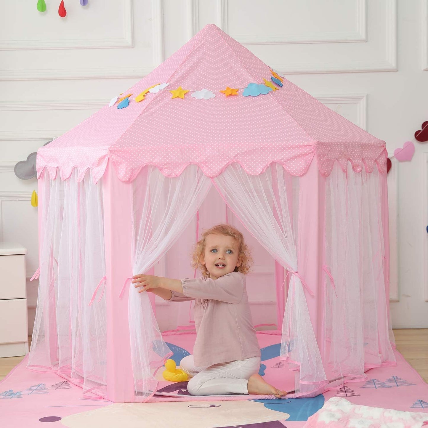 Outdoor/ Indoor Portable Folding Princess Castle Tent w/ Warm LED Star Lights