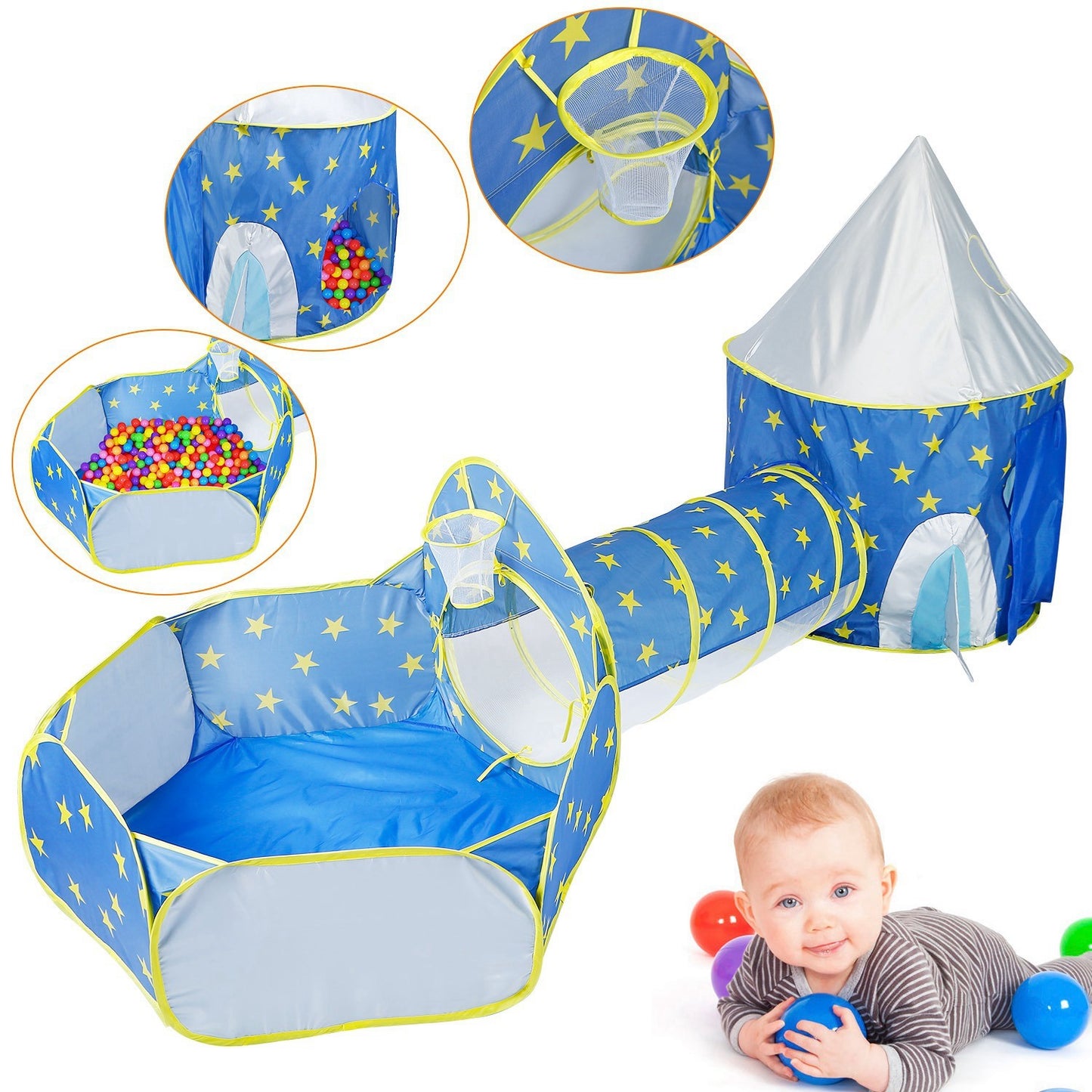 3 In 1 Foldable Children Play House Pop-up Kids Tent w/ Ball Pit & Storage Bag