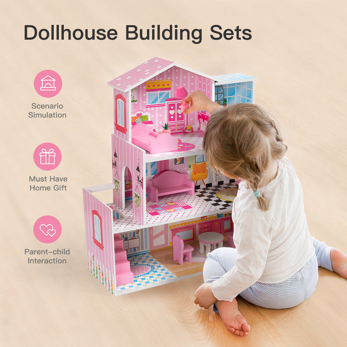 Big Wooden Dollhouse Playset w/ Furniture