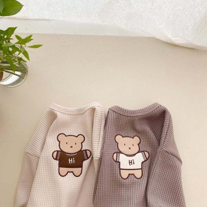 Bear Embroidered Pattern Waffle Fabric Hoodie Set