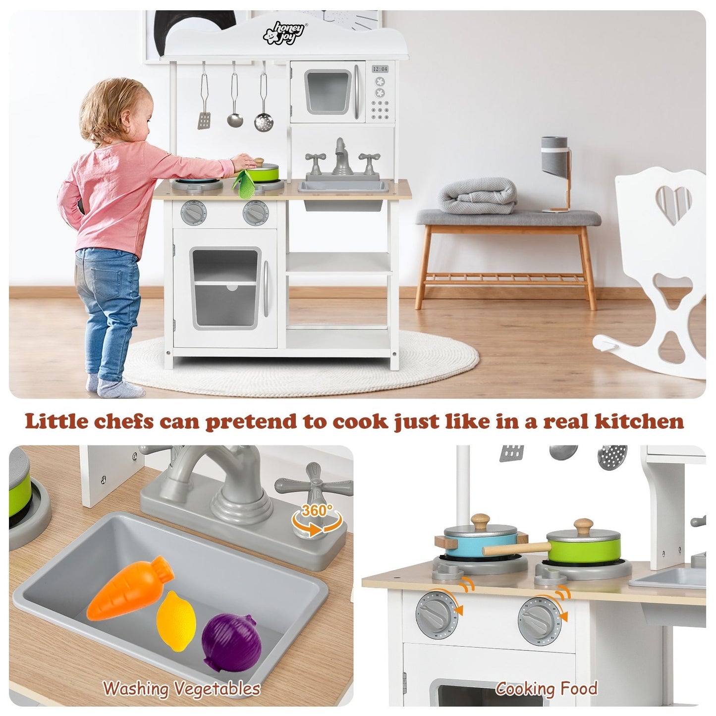 Wooden Pretend Play Kitchen Set with Accessories and Sink