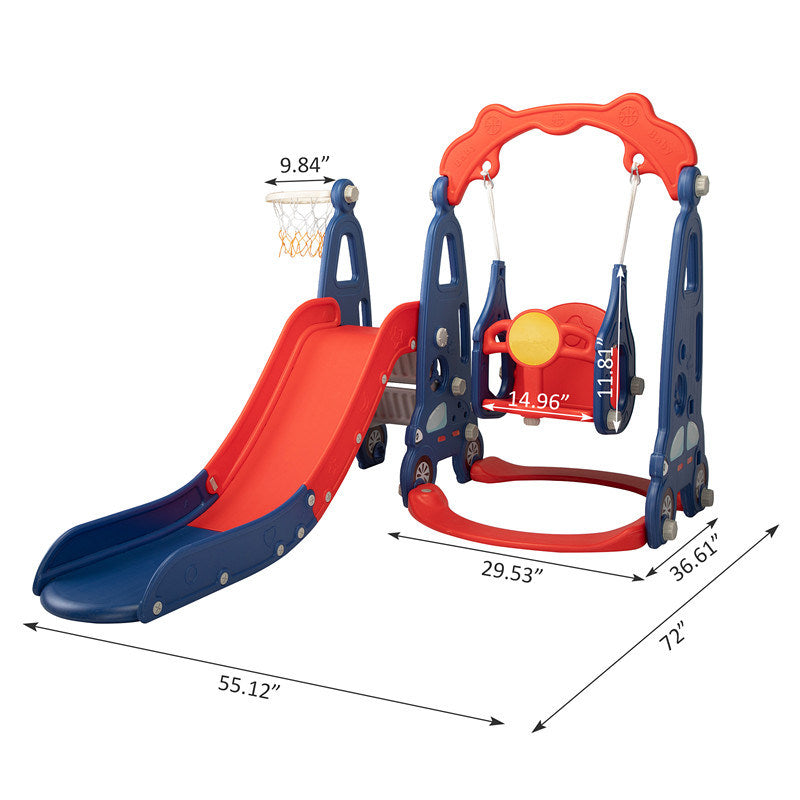 3 In 1 Indoor and Outdoor Slide and Swing Set w/ Basketball Hoop (Red & Blue XH)