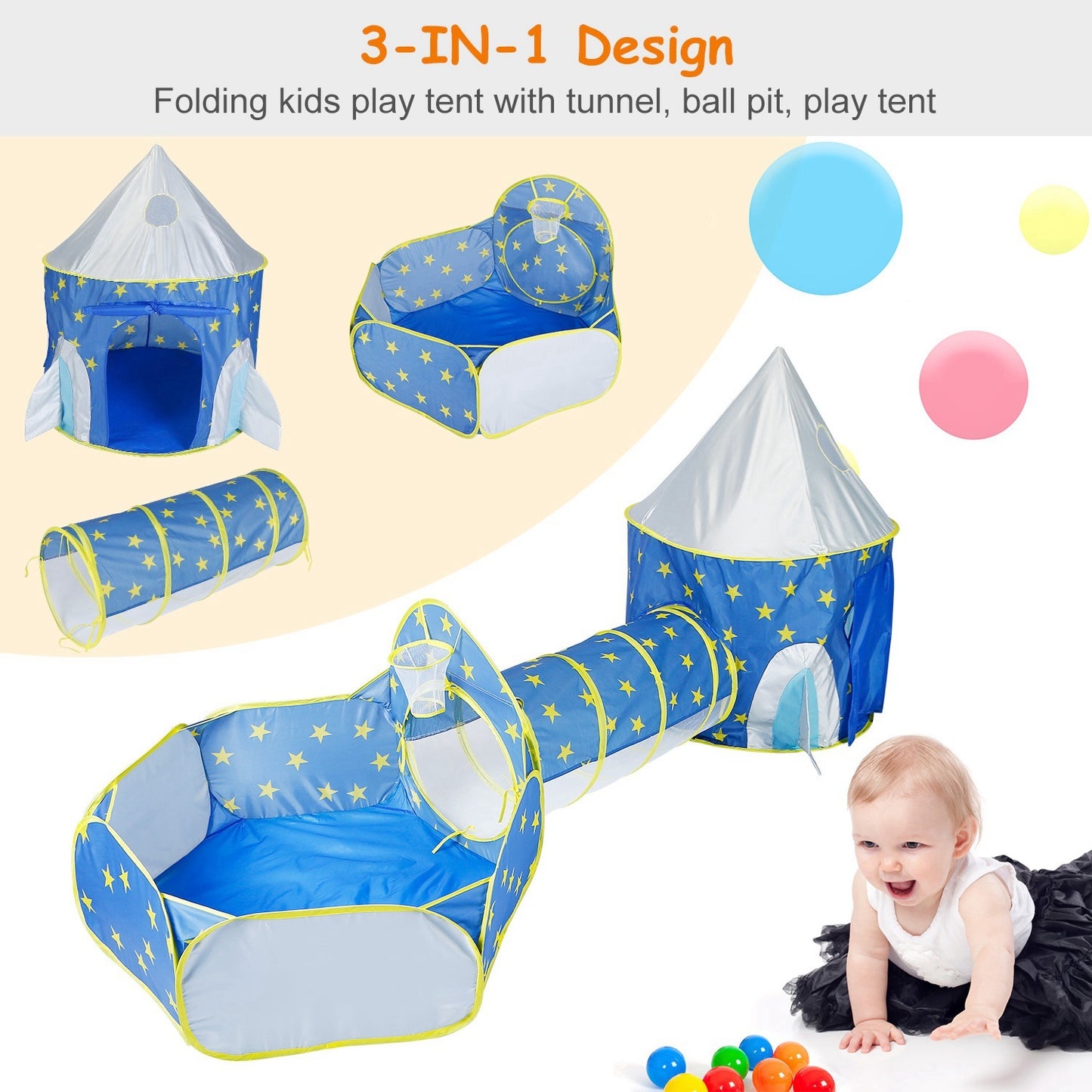 3 In 1 Foldable Children Play House Pop-up Kids Tent w/ Ball Pit & Storage Bag