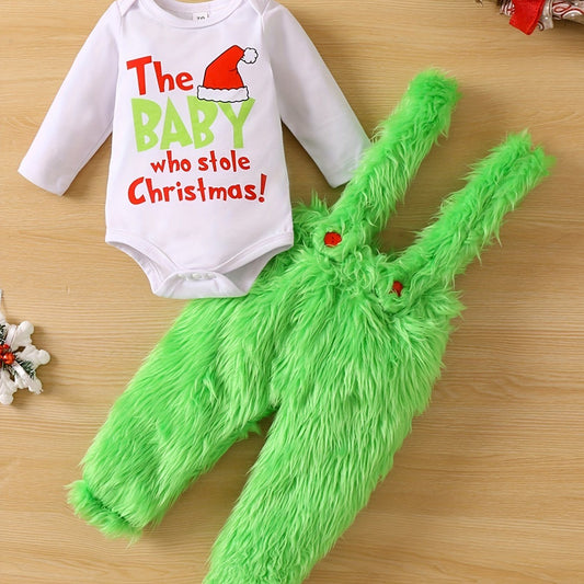 Graphic Crew Neck Long Sleeve Romper + Green Fuzzy Suspender Pants Clothes Set