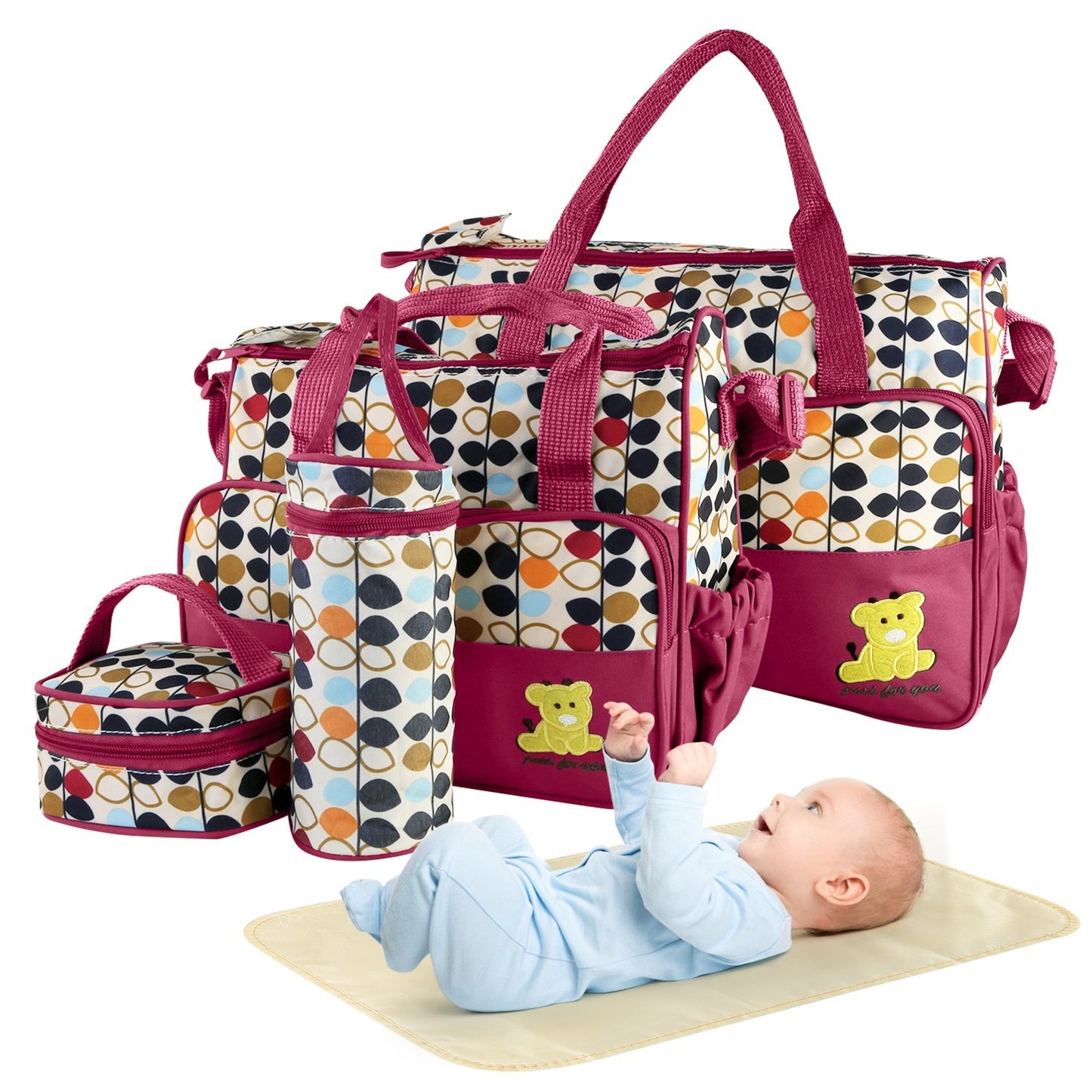 5PCS Baby Diaper Bags Set w/ Nappy Changing Pad & Insulated Pockets