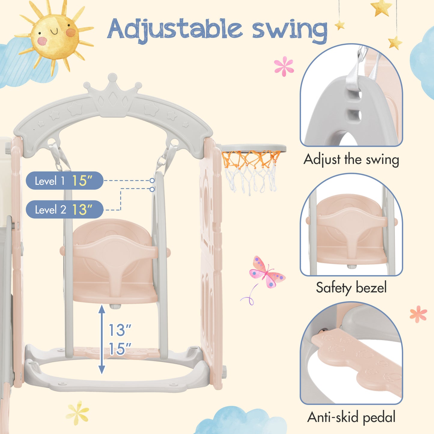 5 in 1 Playground Climber Slide and Swing Set