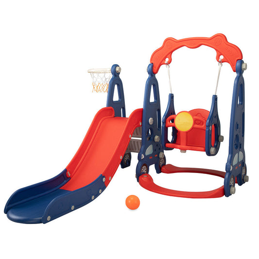 3 In 1 Indoor and Outdoor Slide and Swing Set w/ Basketball Hoop (Red & Blue XH)