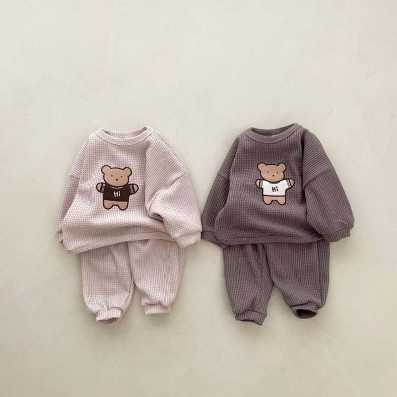 Bear Embroidered Pattern Waffle Fabric Hoodie Set