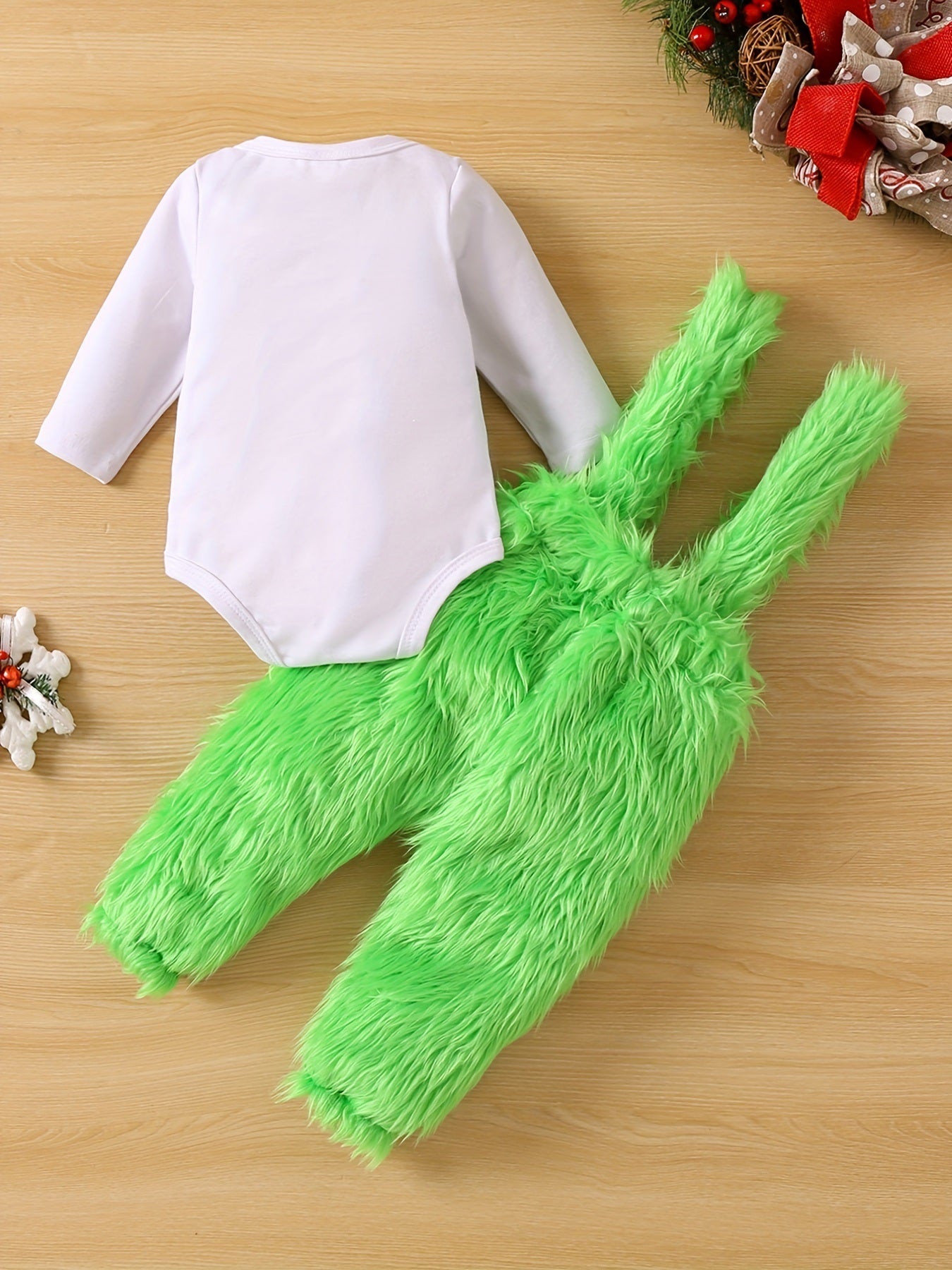 Graphic Crew Neck Long Sleeve Romper + Green Fuzzy Suspender Pants Clothes Set