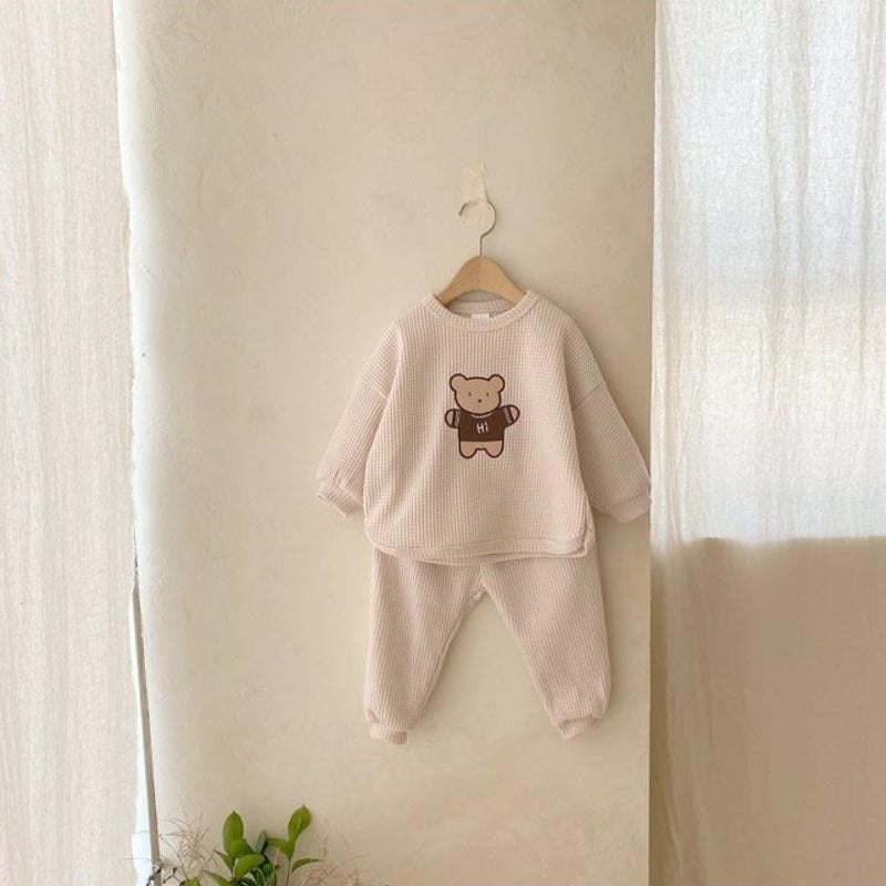 Bear Embroidered Pattern Waffle Fabric Hoodie Set