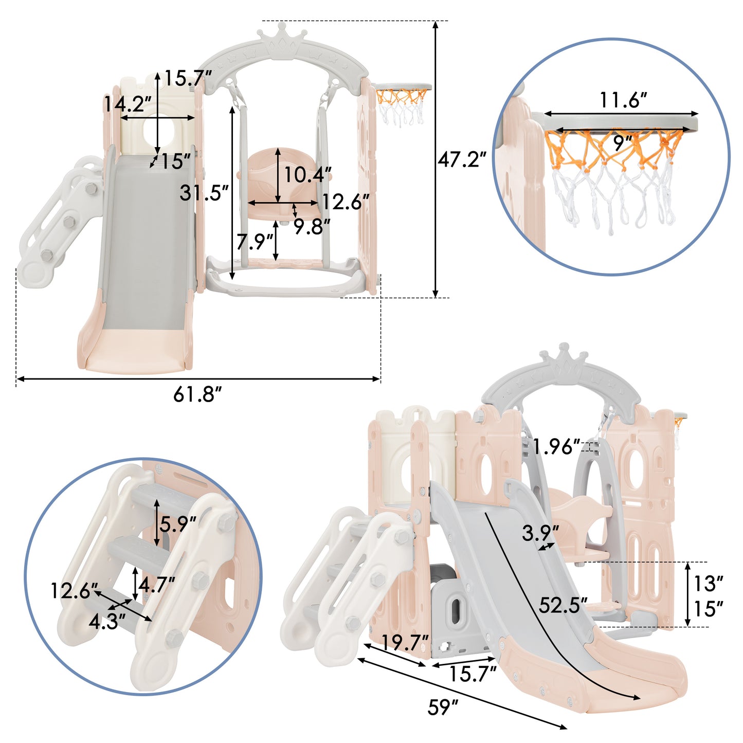 5 in 1 Playground Climber Slide and Swing Set