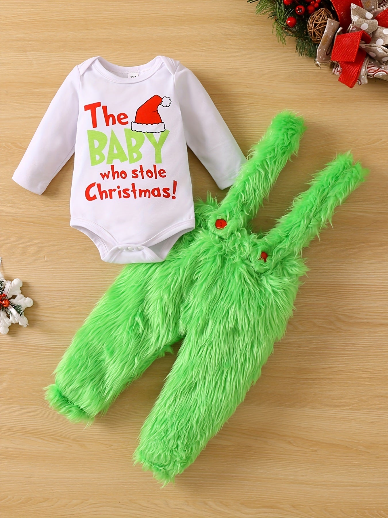 Graphic Crew Neck Long Sleeve Romper + Green Fuzzy Suspender Pants Clothes Set