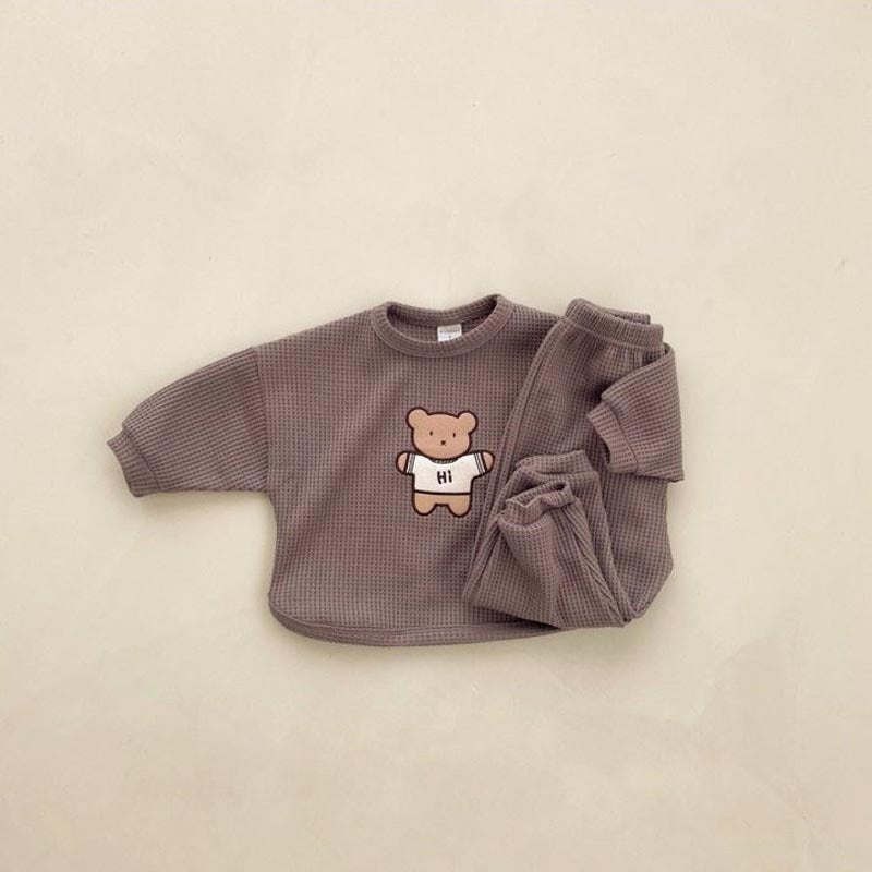 Bear Embroidered Pattern Waffle Fabric Hoodie Set