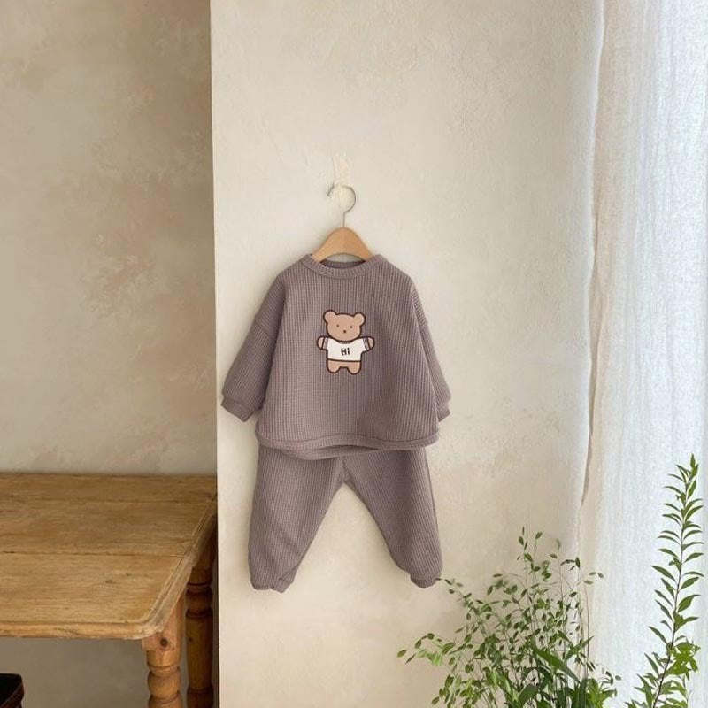 Bear Embroidered Pattern Waffle Fabric Hoodie Set