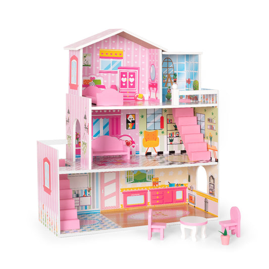 Big Wooden Dollhouse Playset w/ Furniture