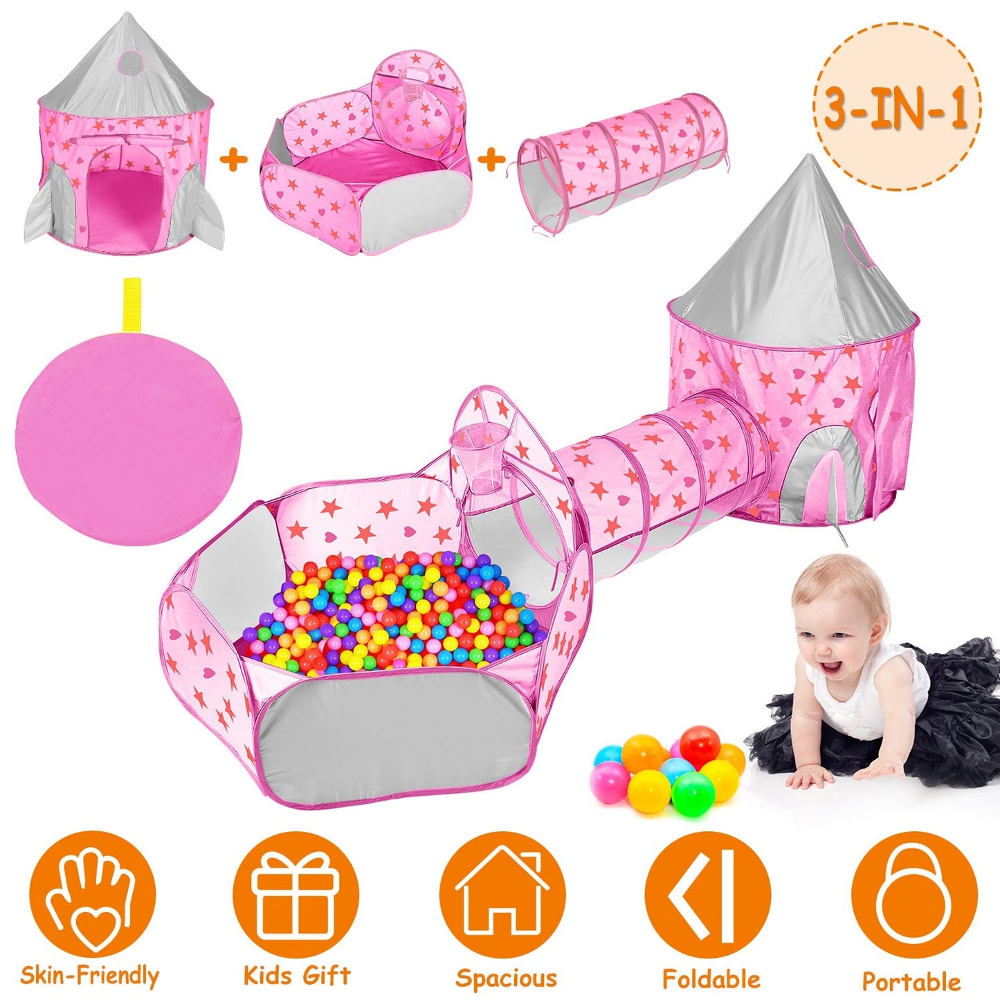 3 In 1 Foldable Children Play House Pop-up Kids Tent w/ Ball Pit & Storage Bag