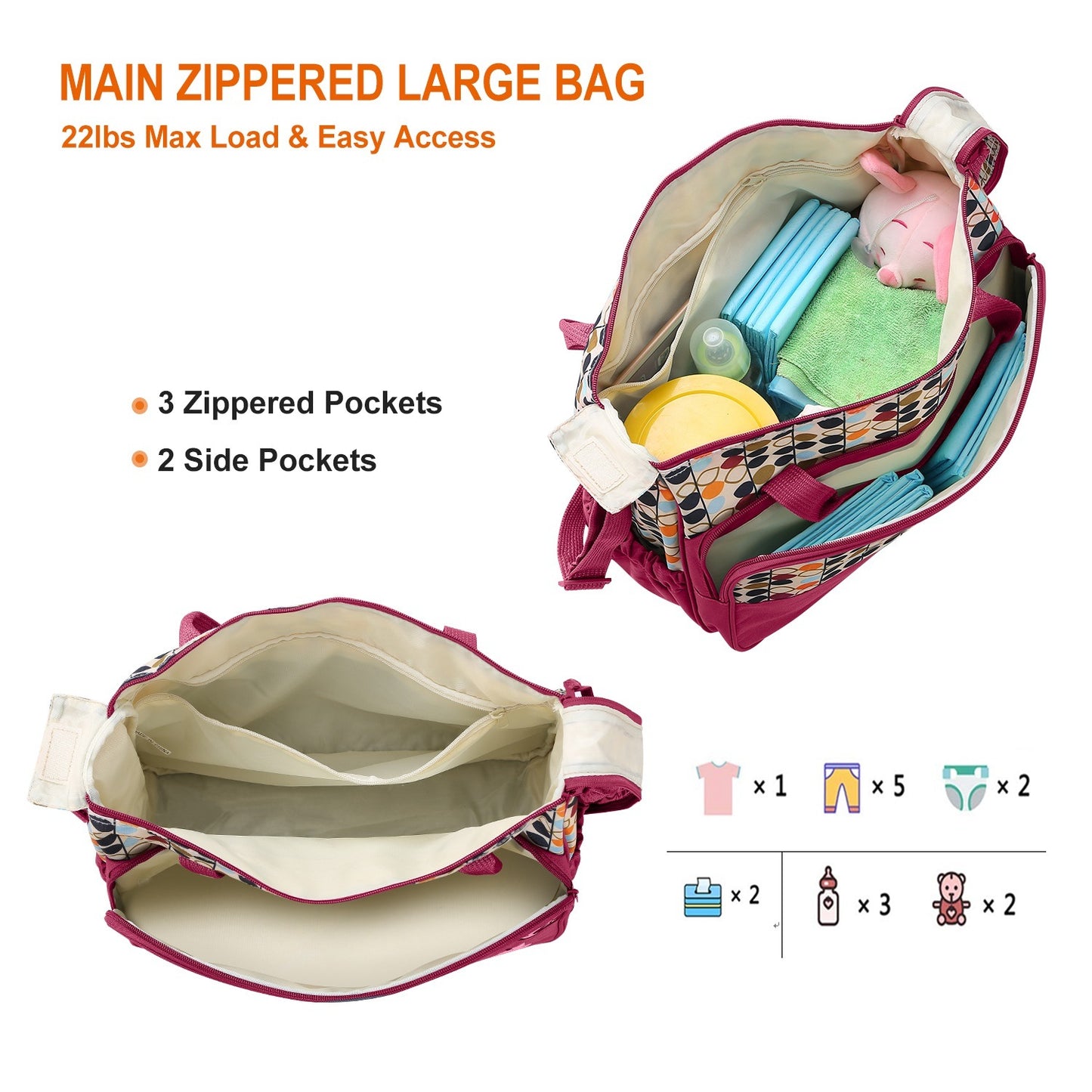 5PCS Baby Diaper Bags Set w/ Nappy Changing Pad & Insulated Pockets