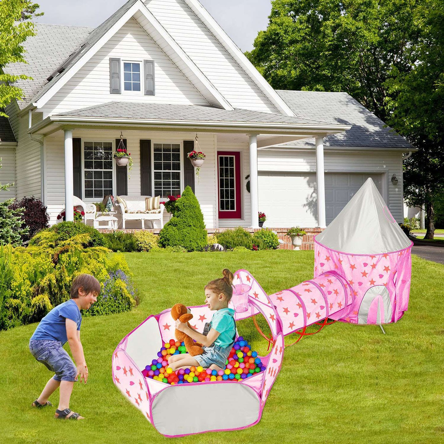 3 In 1 Foldable Children Play House Pop-up Kids Tent w/ Ball Pit & Storage Bag