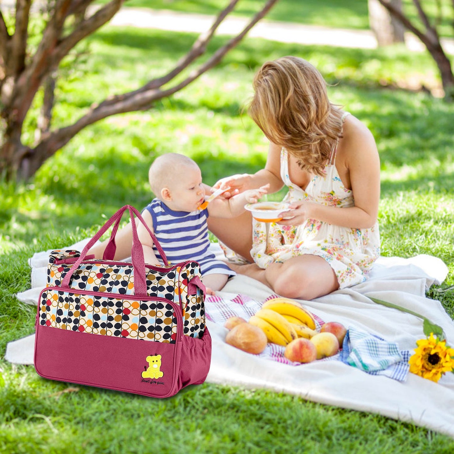 5PCS Baby Diaper Bags Set w/ Nappy Changing Pad & Insulated Pockets